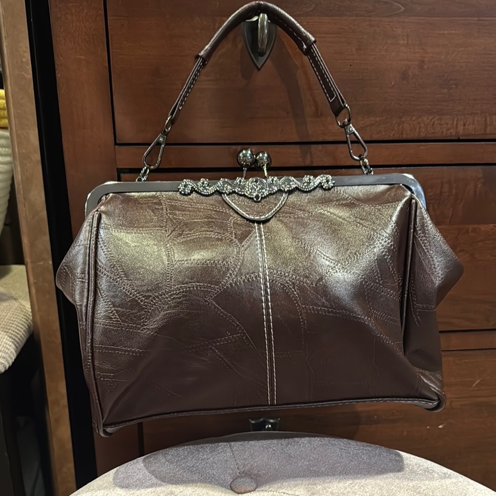 Brown Vegan Leather Shoulder Bag with Metal Frame